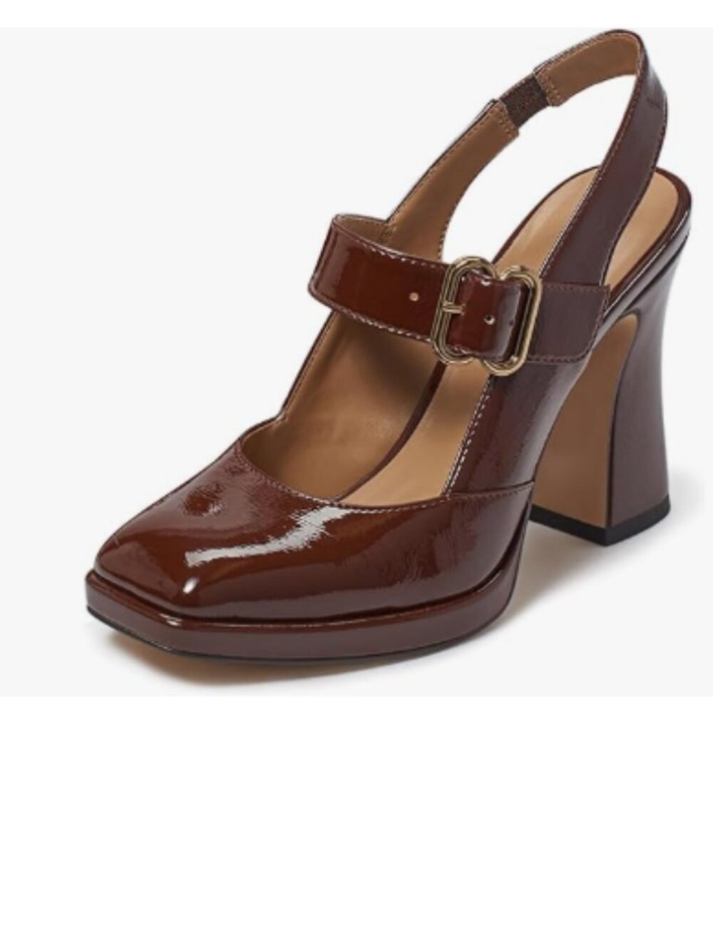FYS Chocolate Platform Square Toe Pump Block High Heel Mary Janes Slingback Shoe